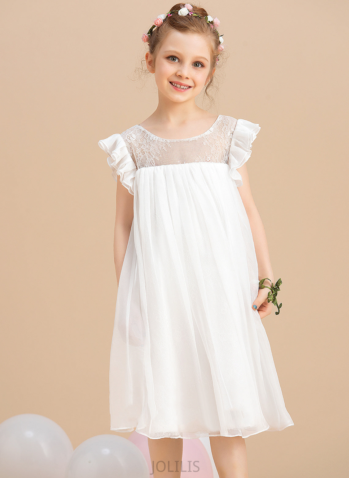 Scoop Neck Selina Short Girl - Flower With Dress Flower Girl Dresses Chiffon Lace Knee-length A-Line Sleeves