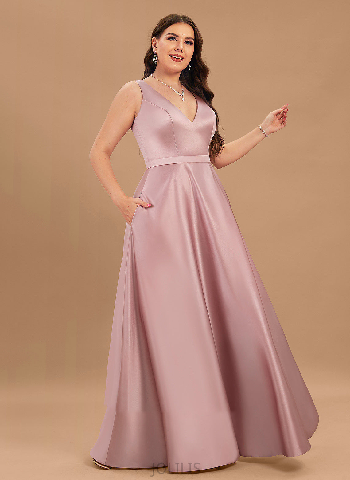 Ball-Gown/Princess Angelica Floor-Length Pockets Prom Dresses Satin With V-neck