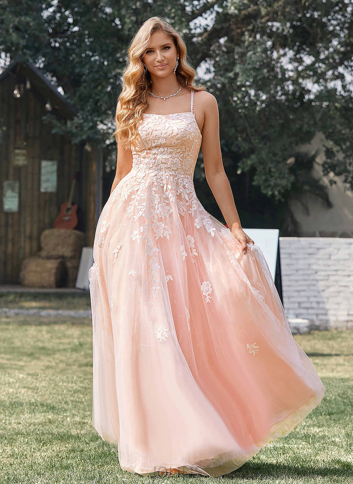 Lace Ava Tulle Floor-Length Ball-Gown/Princess With Prom Dresses Sequins Square