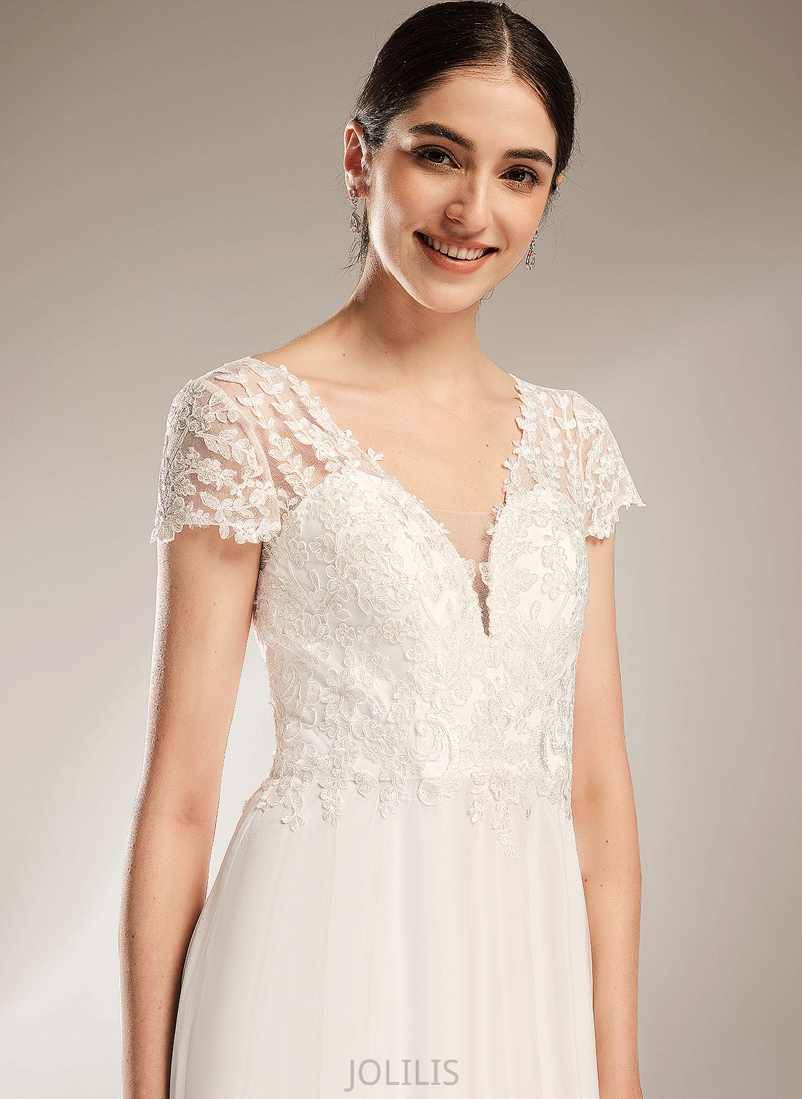 Finley A-Line Train Court V-neck Chiffon With Dress Bow(s) Wedding Wedding Dresses Lace