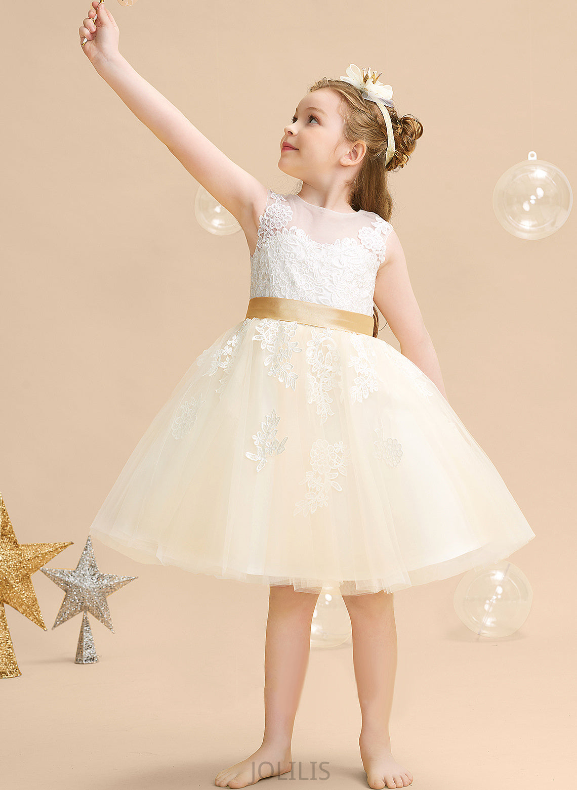 Back With Flower Girl Dresses A-Line Sleeveless Appliques/V Flower Girl Addyson - Neck Satin/Tulle/Lace Dress Scoop Knee-length