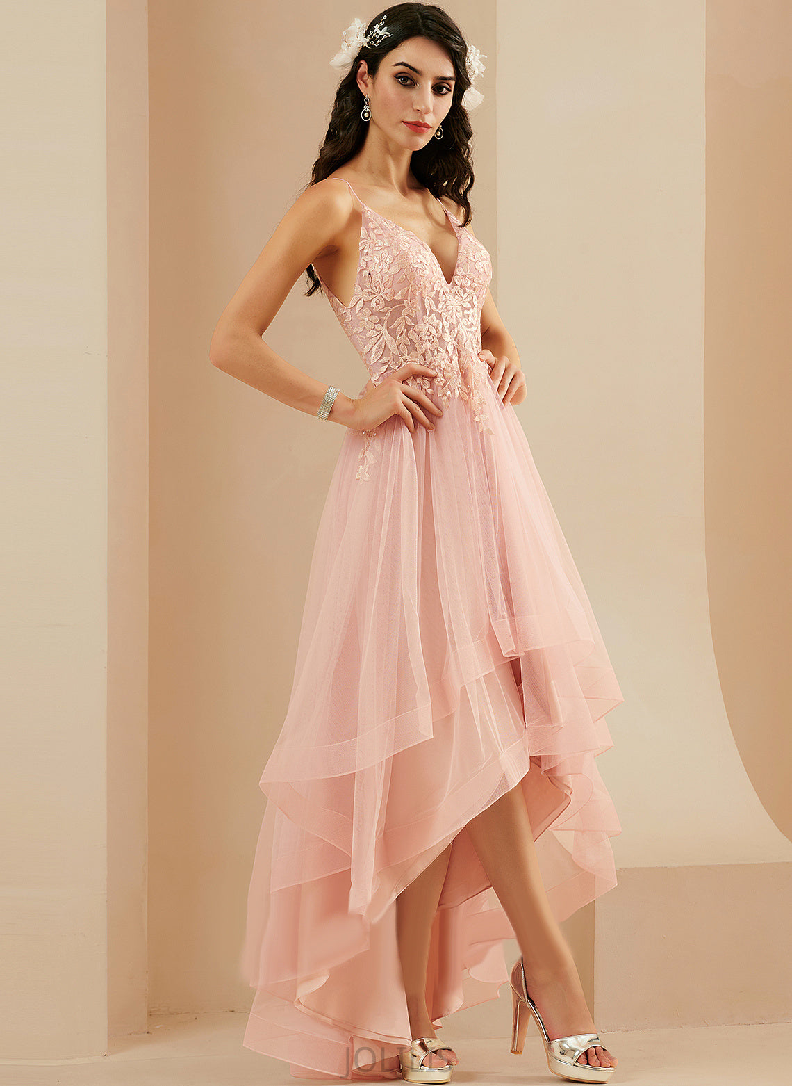 Lace Ball-Gown/Princess Sanaa Tulle V-neck Prom Dresses Asymmetrical