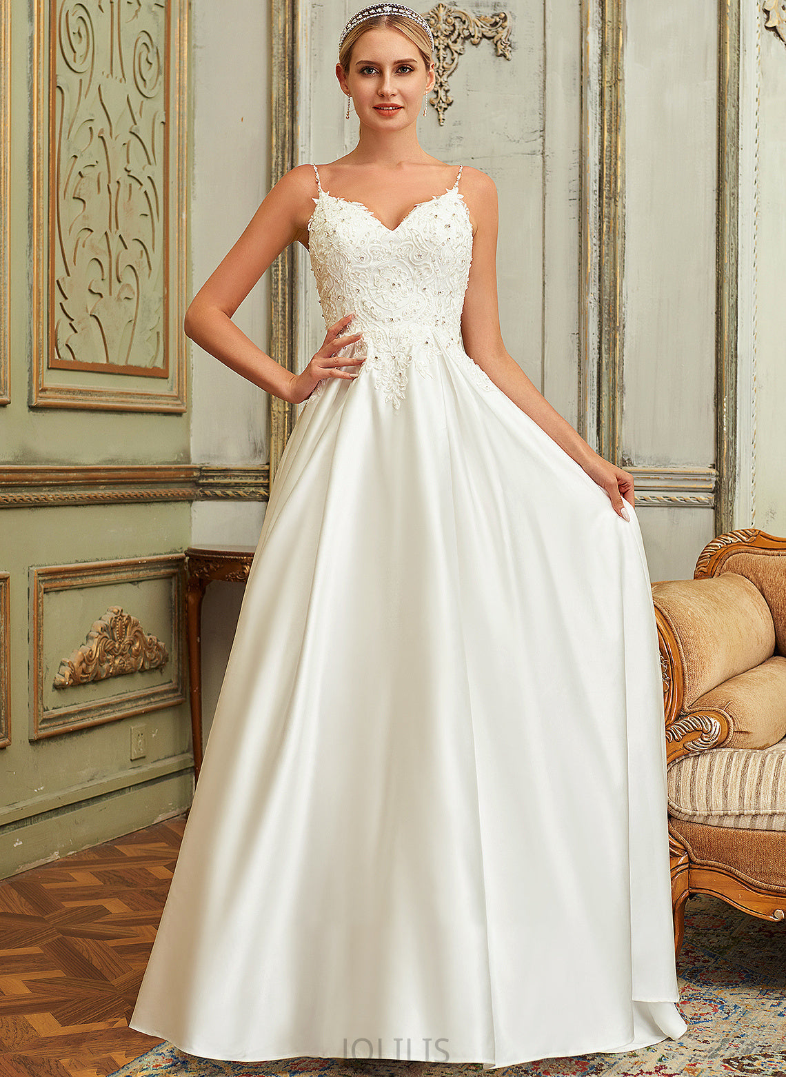 Wedding Pockets Train Sequins With Satin Lace Sweep Dress Madisyn Wedding Dresses Ball-Gown/Princess Beading Lace V-neck