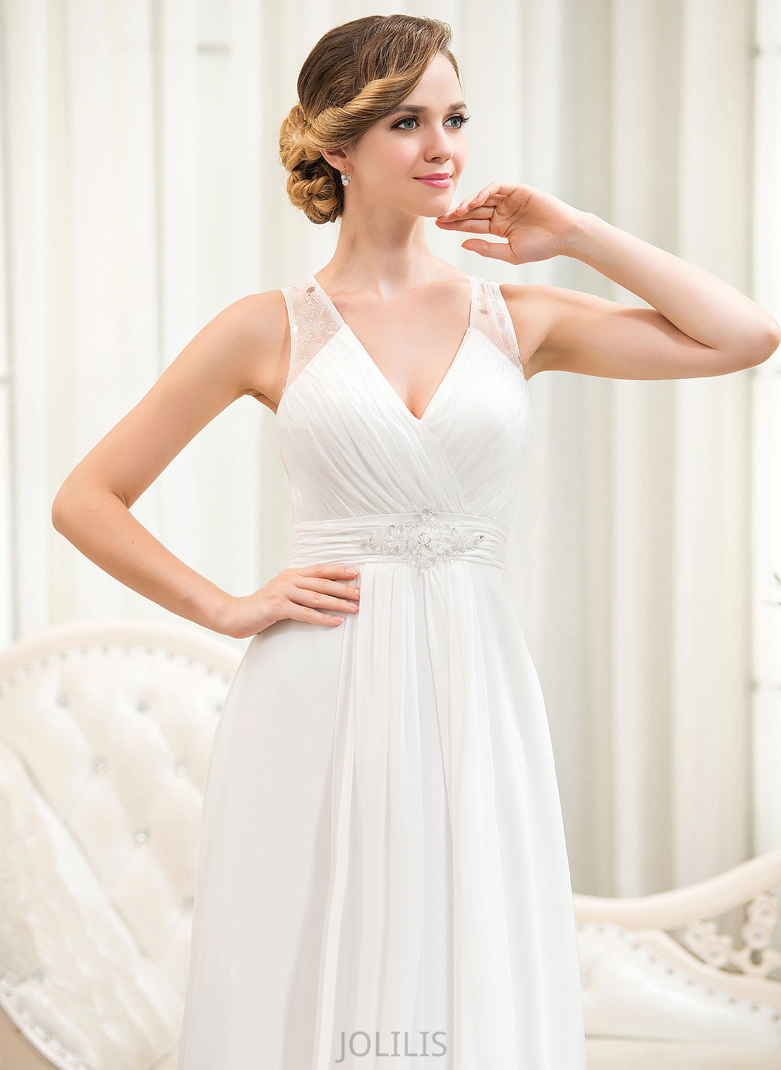 Chiffon Beading Wedding Sweep Cascading Train A-Line Ruffles With Sequins Wedding Dresses Dress V-neck Tulle Macey