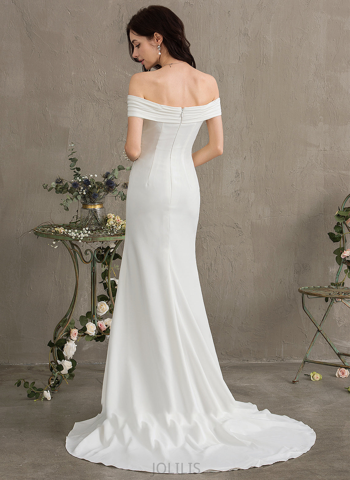 Wedding Dresses Front Sheath/Column With Train Off-the-Shoulder Wedding Stretch Split Crepe Dress Lilyana Ruffle Sweep