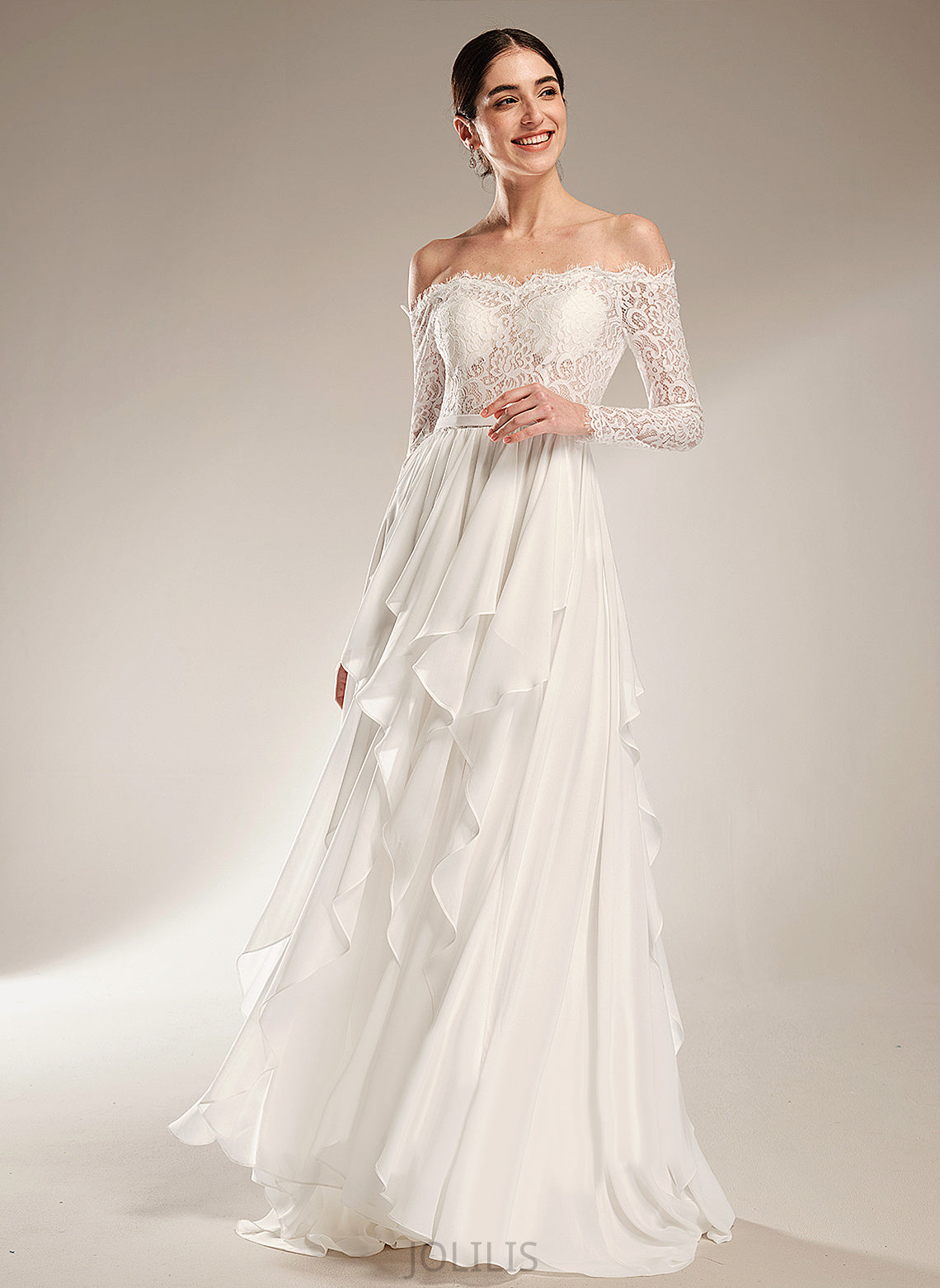 Ruffle Off-the-Shoulder Dress With Lace Izabella Court Train Wedding Dresses Chiffon Wedding A-Line