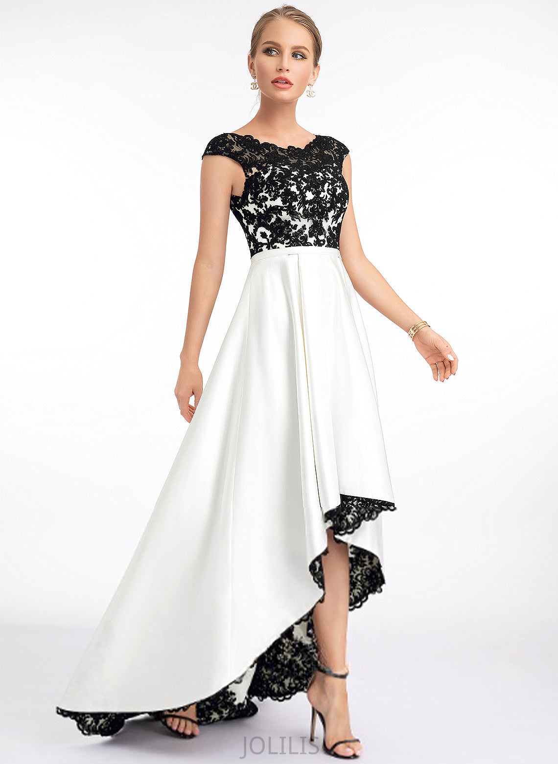 Asymmetrical Scoop Illusion Lace Satin Margery Prom Dresses A-Line