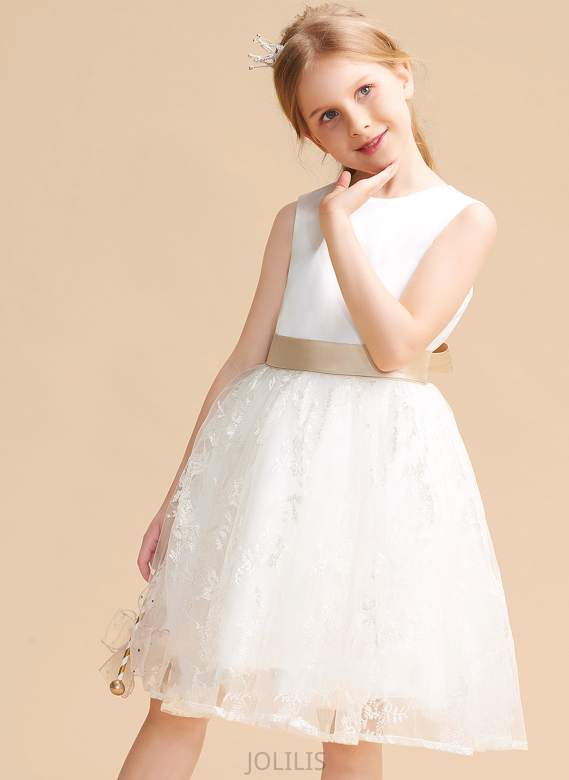 Sleeveless Dress Elaine With - Flower Sash Flower Girl Dresses Neck Knee-length Scoop A-Line/Princess Girl Satin/Lace