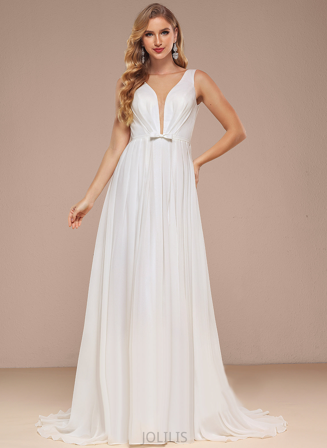 Lainey Train Dress V-neck Bow(s) With Sweep Wedding A-Line Chiffon Wedding Dresses