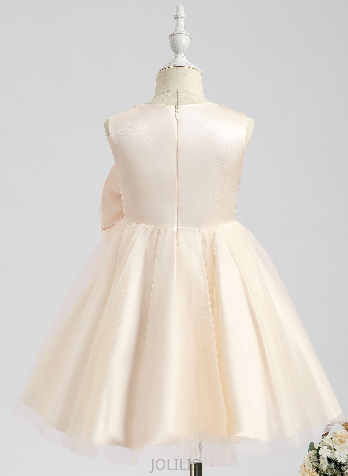 Beading/Bow(s) Girl Neck Sleeveless Knee-length Flower Dress A-Line Kelsie Satin With Flower Girl Dresses - Scalloped