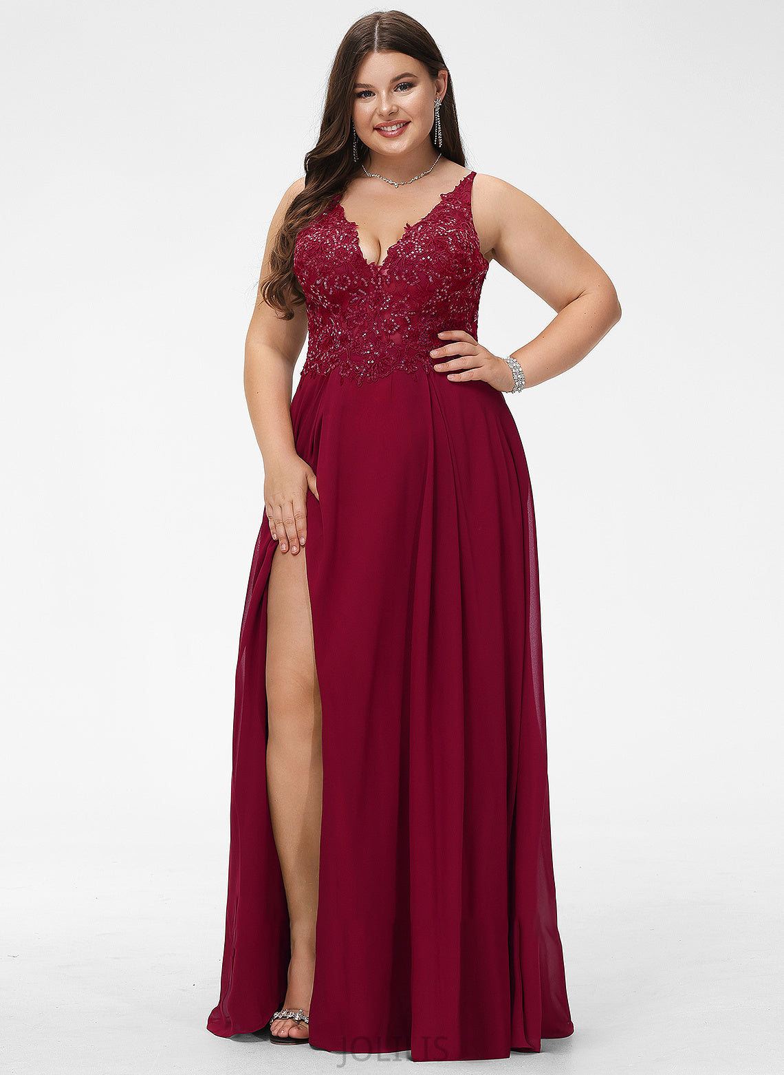 Chiffon With Floor-Length Sequins Prom Dresses Elliana V-neck Split Front A-Line Lace