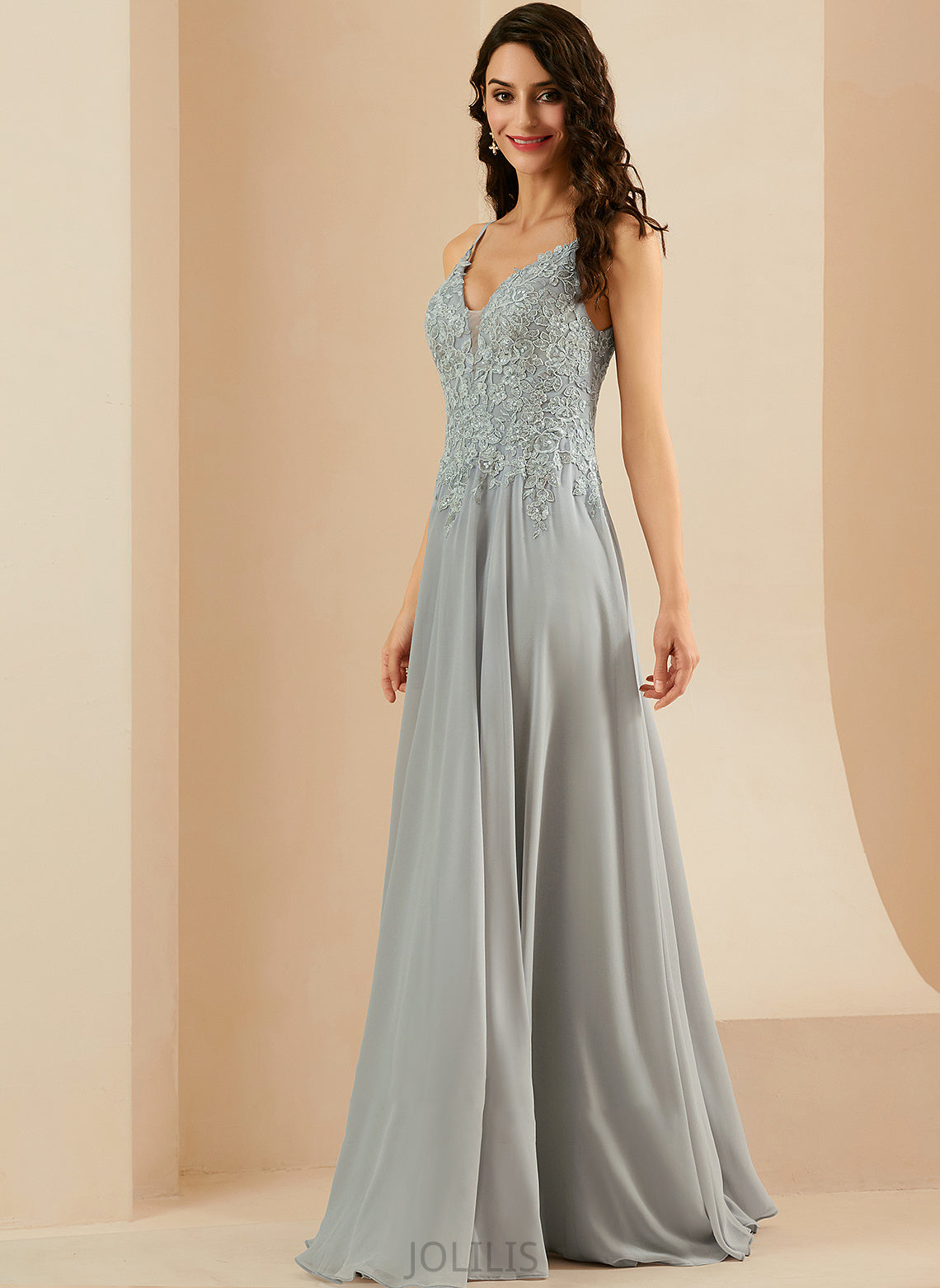 Sequins Lace Jemima Floor-Length With Split Front Chiffon V-neck Prom Dresses A-Line