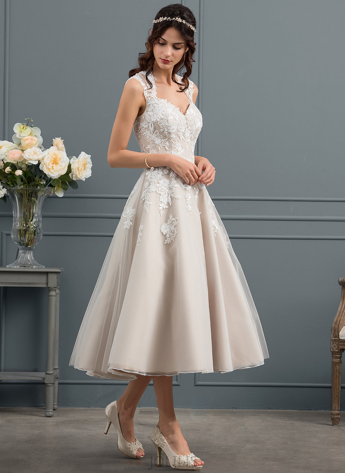 Ball-Gown/Princess Dress With Tulle Wedding Sequins Sweetheart Tea-Length Janessa Wedding Dresses