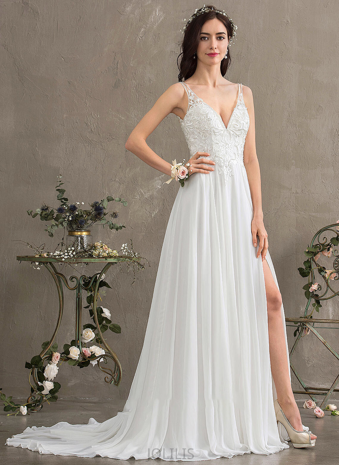 Beading Wedding V-neck A-Line Split Dress Sweep Train Kaliyah Sequins Wedding Dresses With Chiffon Front