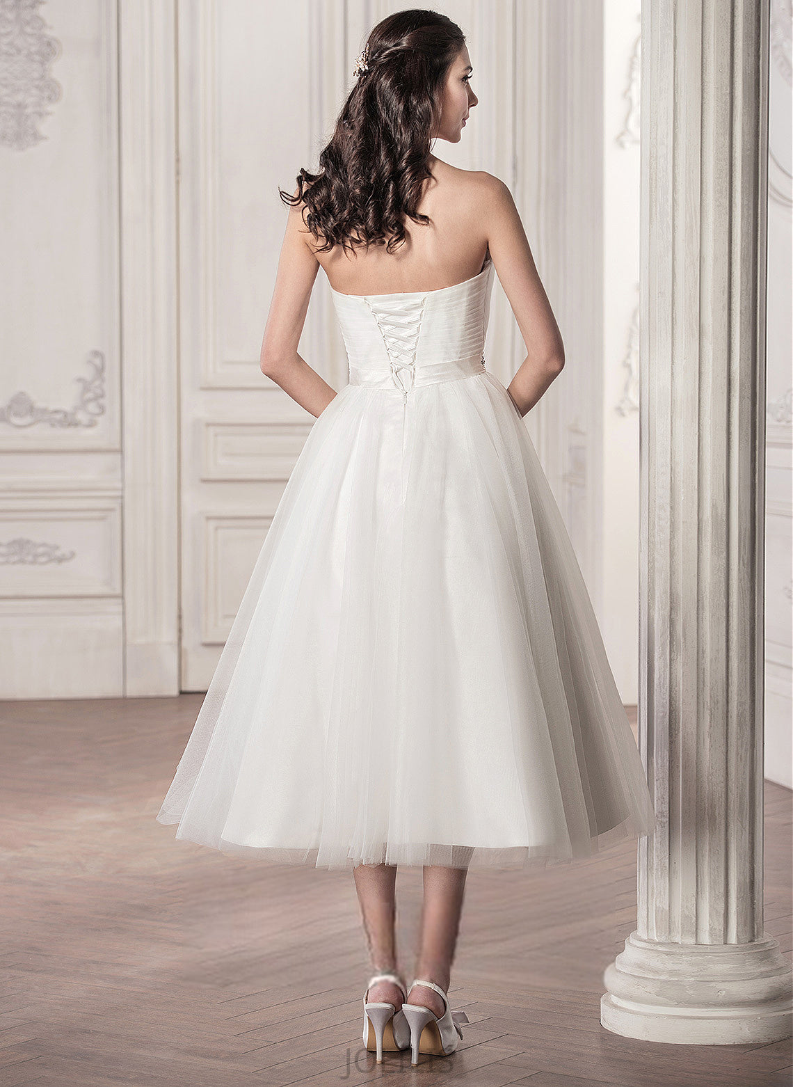 Sweetheart With Tea-Length A-Line Ruffle Wedding Tulle Dress Beading Satin Helga Sequins Wedding Dresses