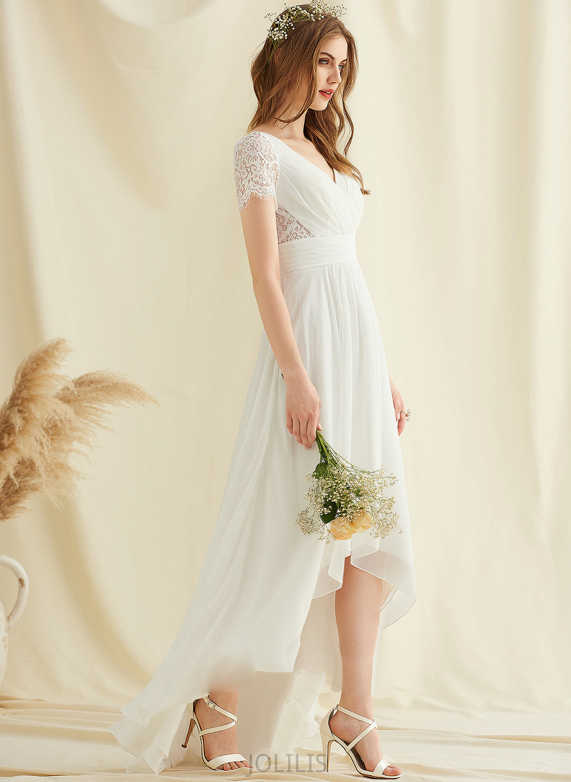 Jadyn Chiffon Asymmetrical Lace Wedding Dresses A-Line V-neck Wedding Dress