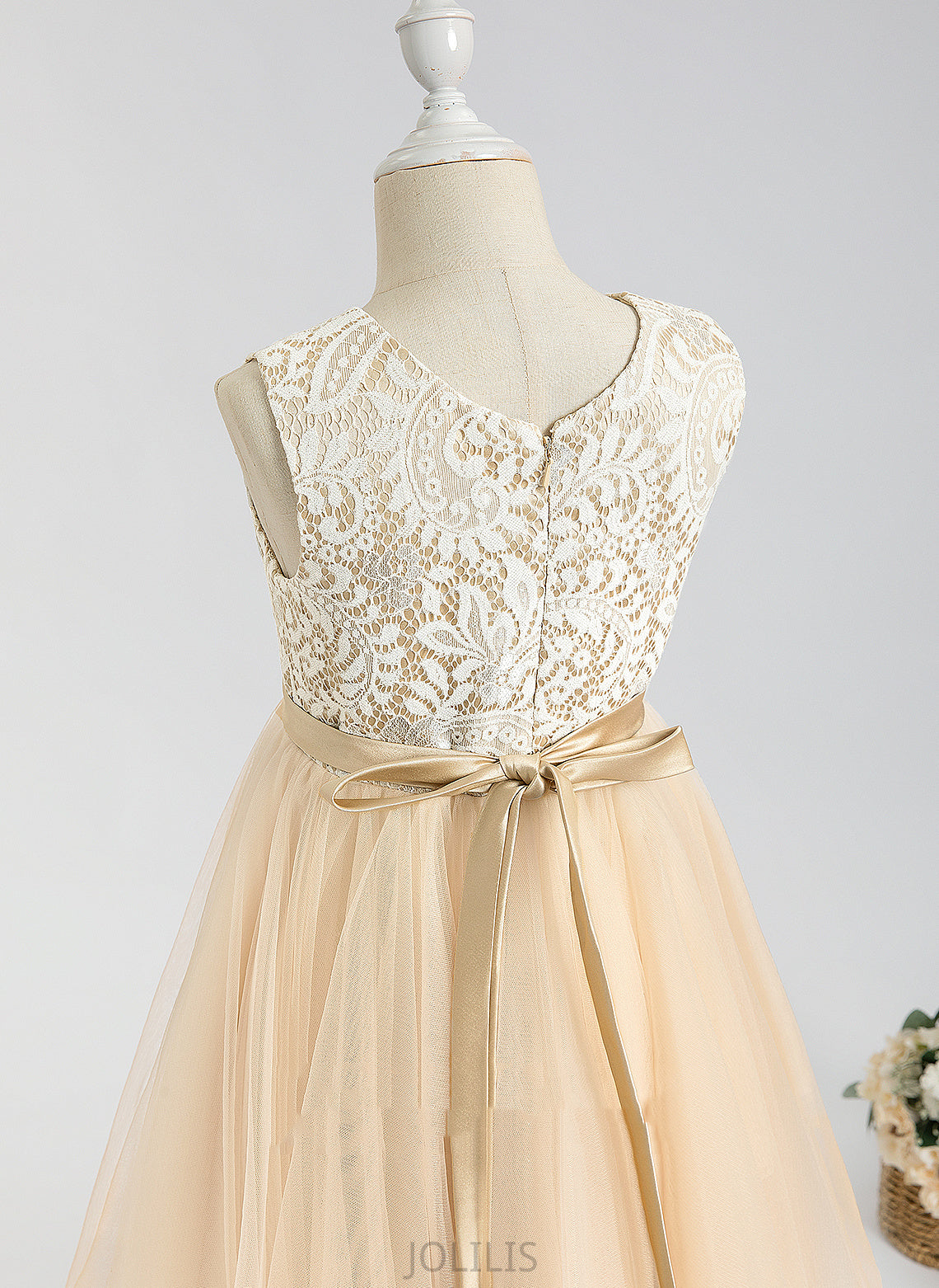 Neck A-Line Scalloped - Lace/Bow(s) With Tea-length Tulle Flower Girl Dresses Lucile Flower Girl Sleeveless Dress