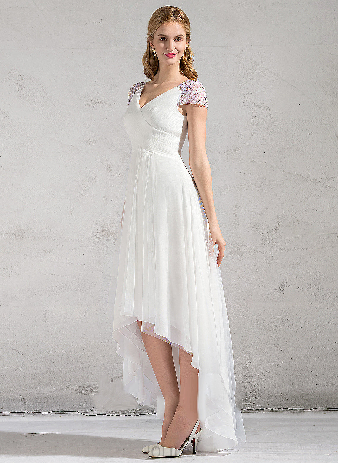 A-Line V-neck Asymmetrical Tulle Lacey Dress Ruffle Sequins Beading Wedding Dresses With Wedding