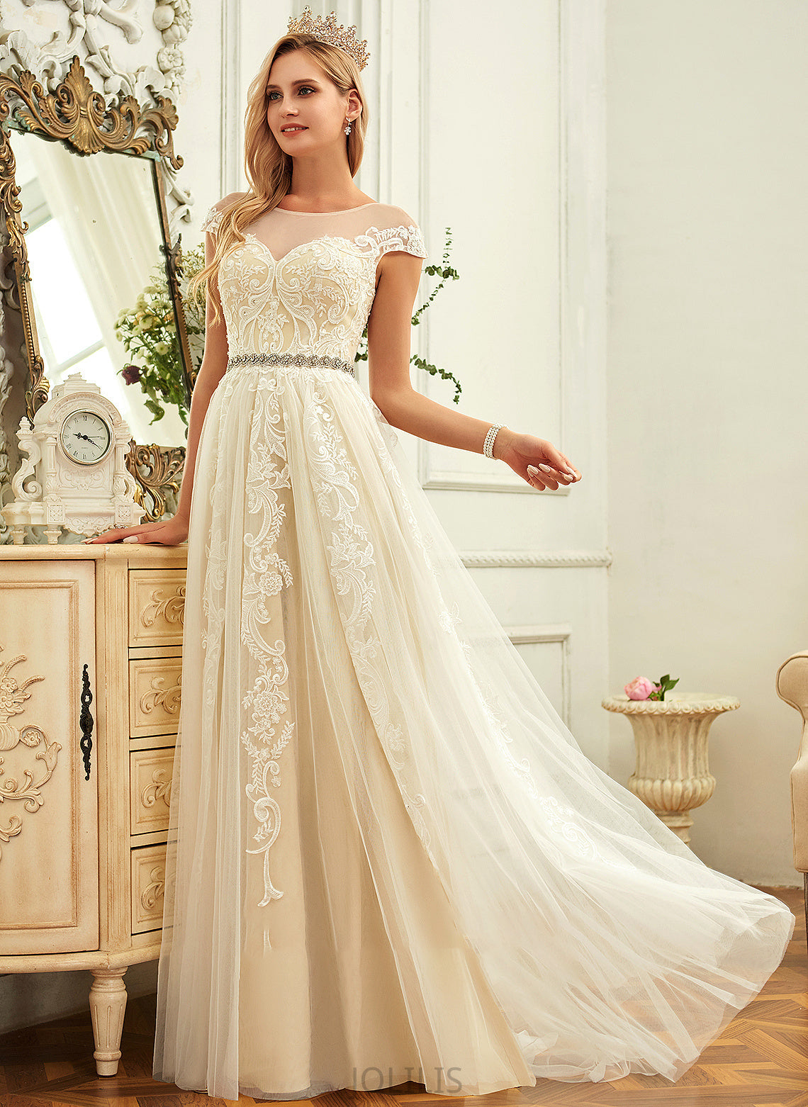 With Train Lace Mariah Tulle Ruffle Lace Scoop Sweep Wedding Dresses Neck A-Line Dress Wedding