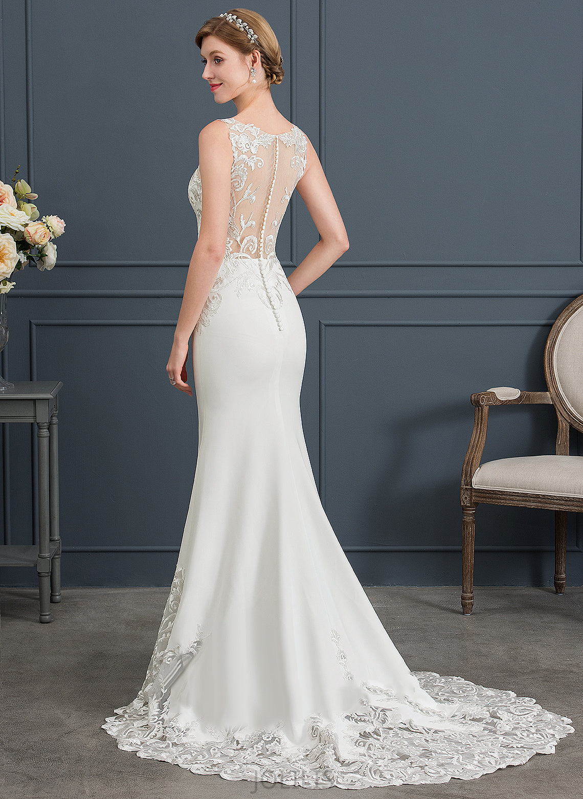 Dress Lace Larissa Court Stretch Trumpet/Mermaid Train Wedding Crepe V-neck Wedding Dresses