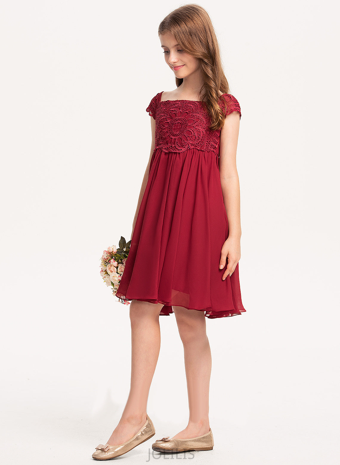 A-Line Chiffon Square Sleeves Flower Short Flower Girl Dresses Dress - Jode Neckline Girl Knee-length