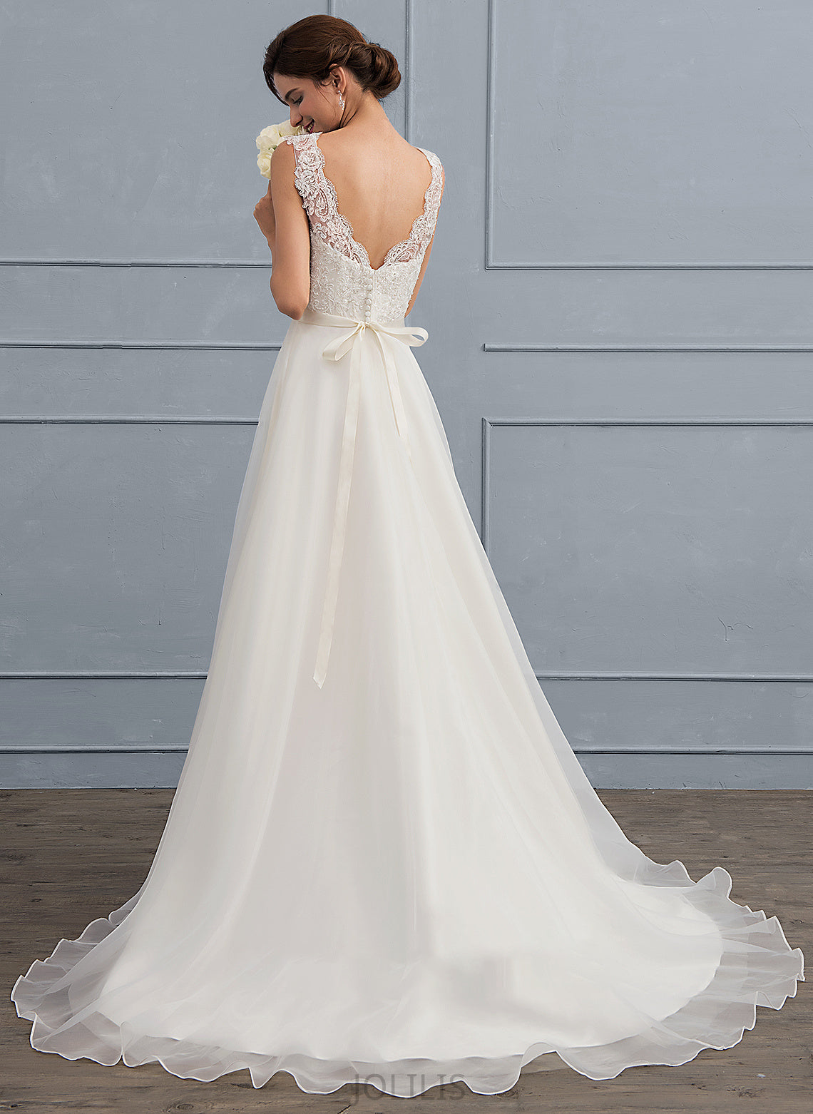 V-neck Wedding Dresses With Organza Bow(s) Dress Train A-Line Beading Wedding Sweep Mallory