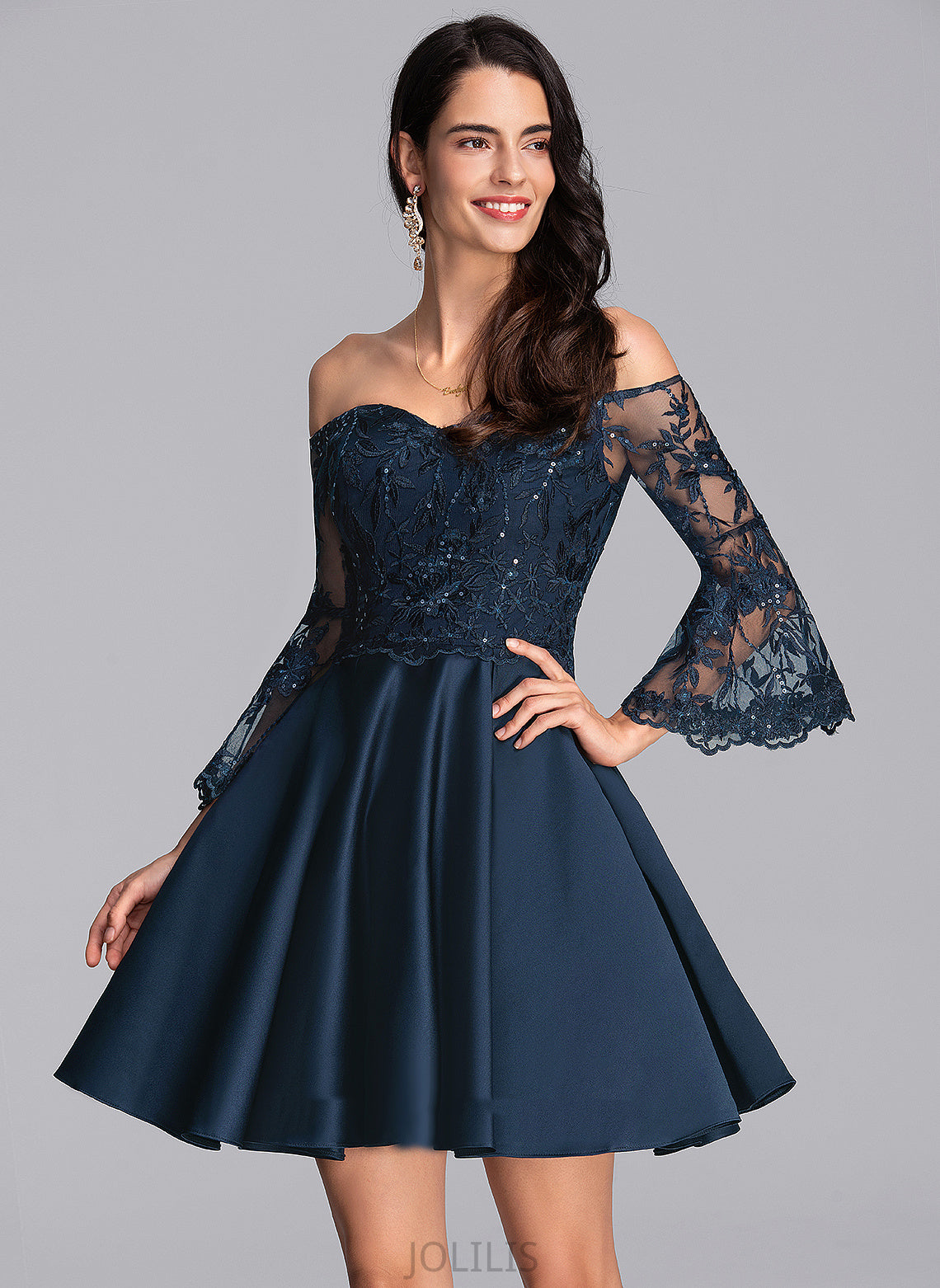 Short/Mini Dress Satin Lace Homecoming Off-the-Shoulder Homecoming Dresses A-Line With Adrianna