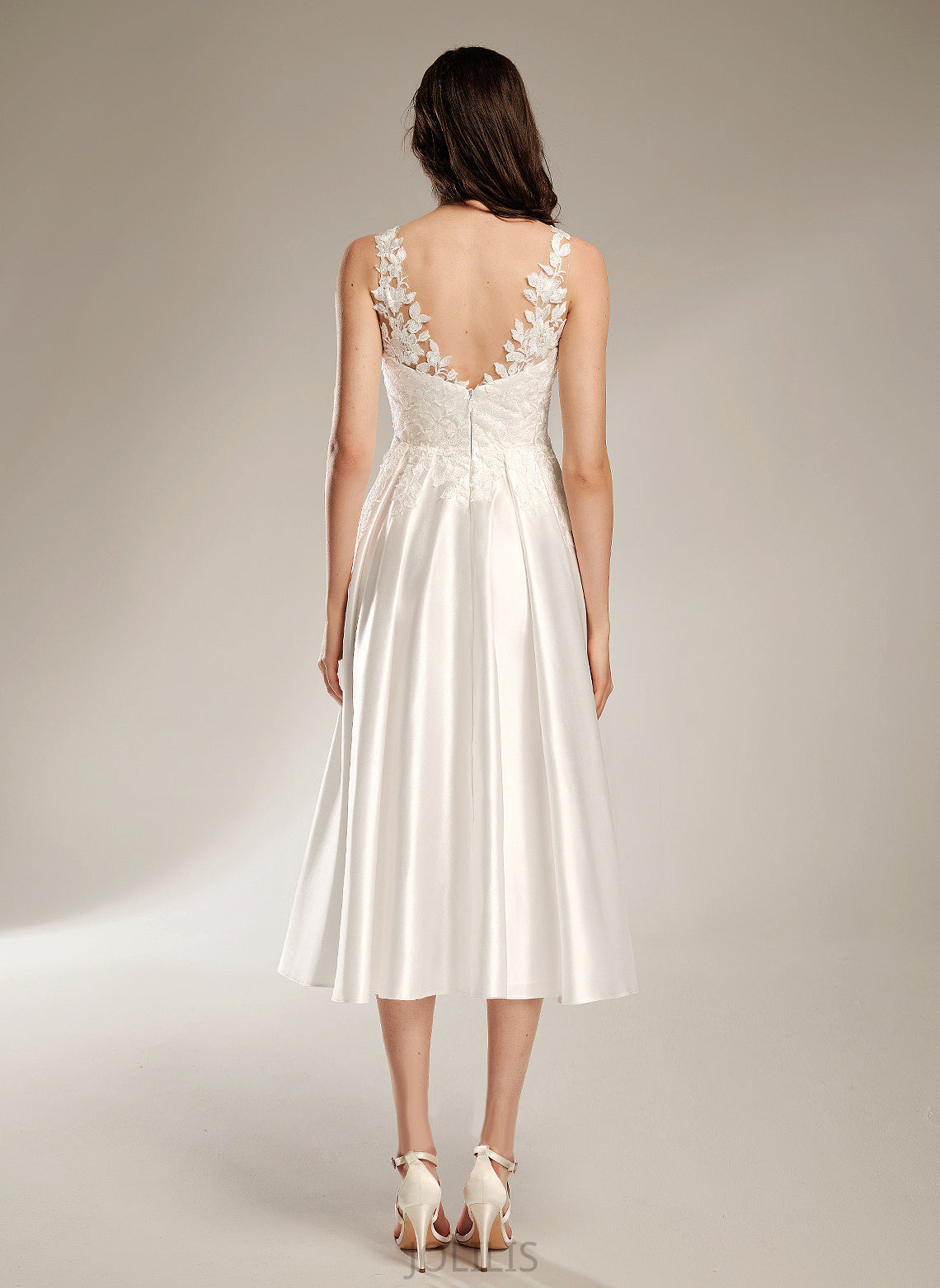 Tea-Length Wedding Dresses Wedding Rylee A-Line Dress V-neck Lace Satin