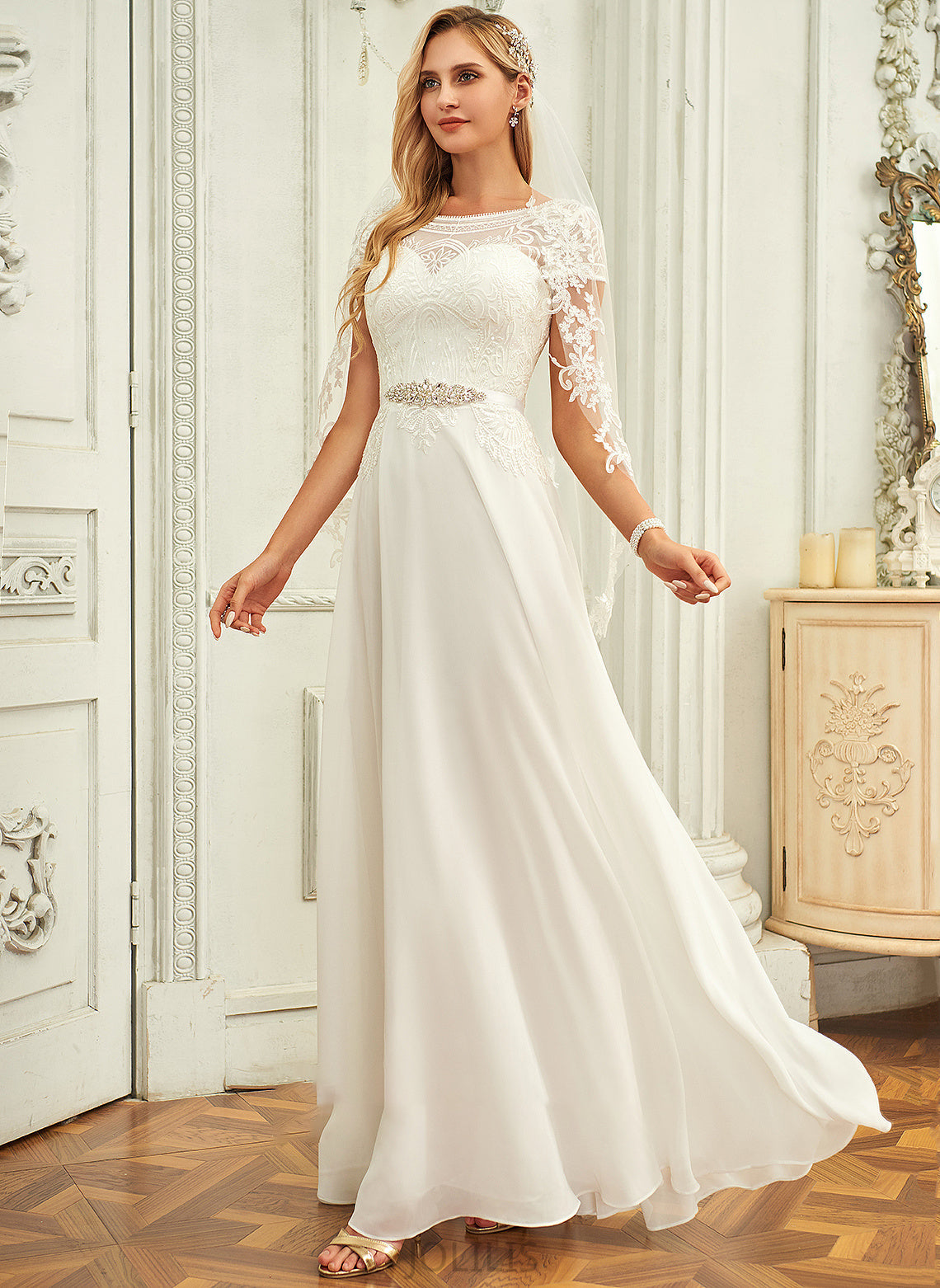 Floor-Length Marina Wedding Dresses Sequins Neck Lace With Wedding Scoop Chiffon A-Line Dress