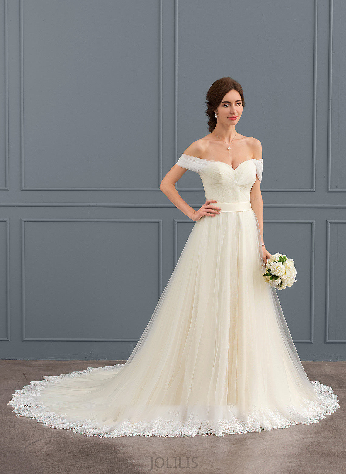 Dress Lace Siena Wedding Ruffle Train Off-the-Shoulder Wedding Dresses With Tulle Ball-Gown/Princess Court