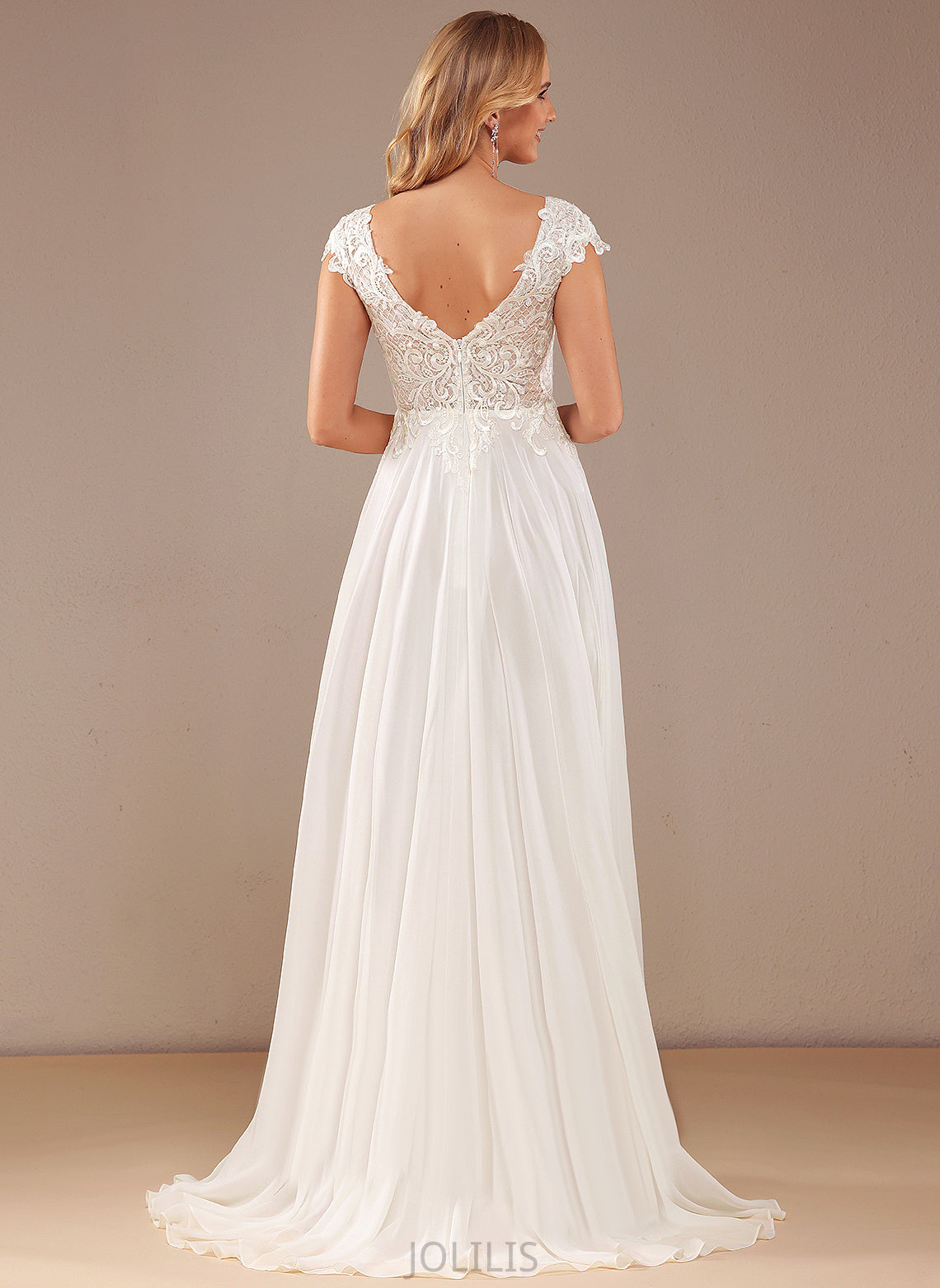 Wedding Dress With A-Line Wedding Dresses Lace Chiffon Sweep V-neck Lace Karen Train