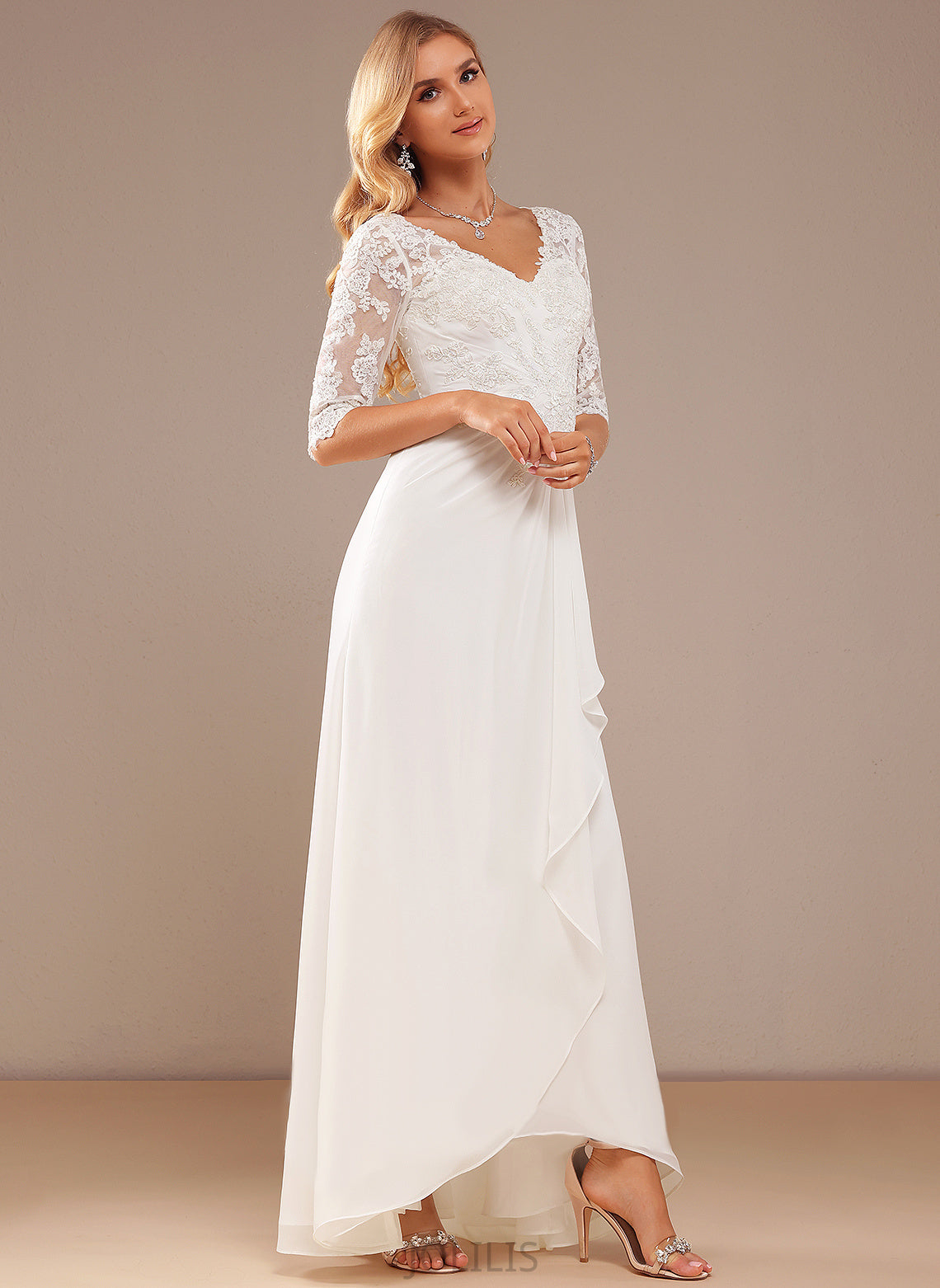 Lace Ruffle A-Line Asymmetrical Wedding Dresses Chiffon Dress Wedding Destiny With V-neck