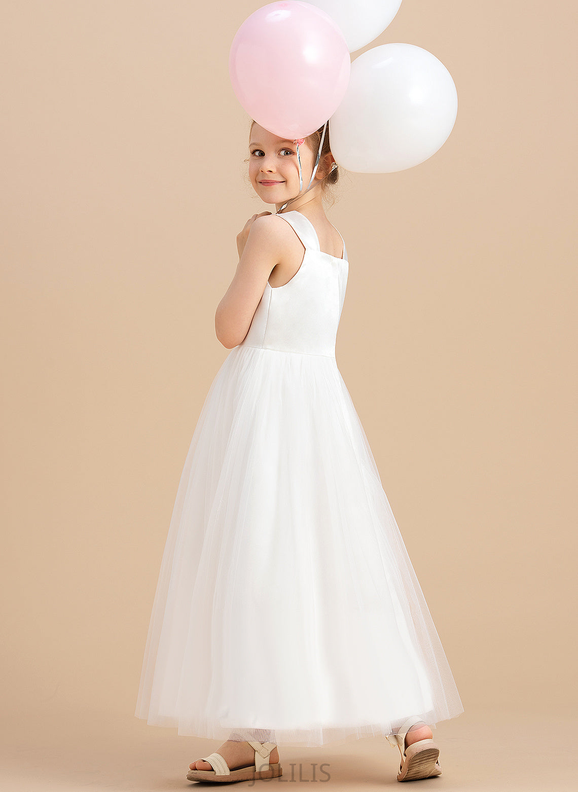 Neckline Flower Satin/Tulle Girl Ankle-length Dress - Square Sleeveless Ball Gown Jazmin Flower Girl Dresses