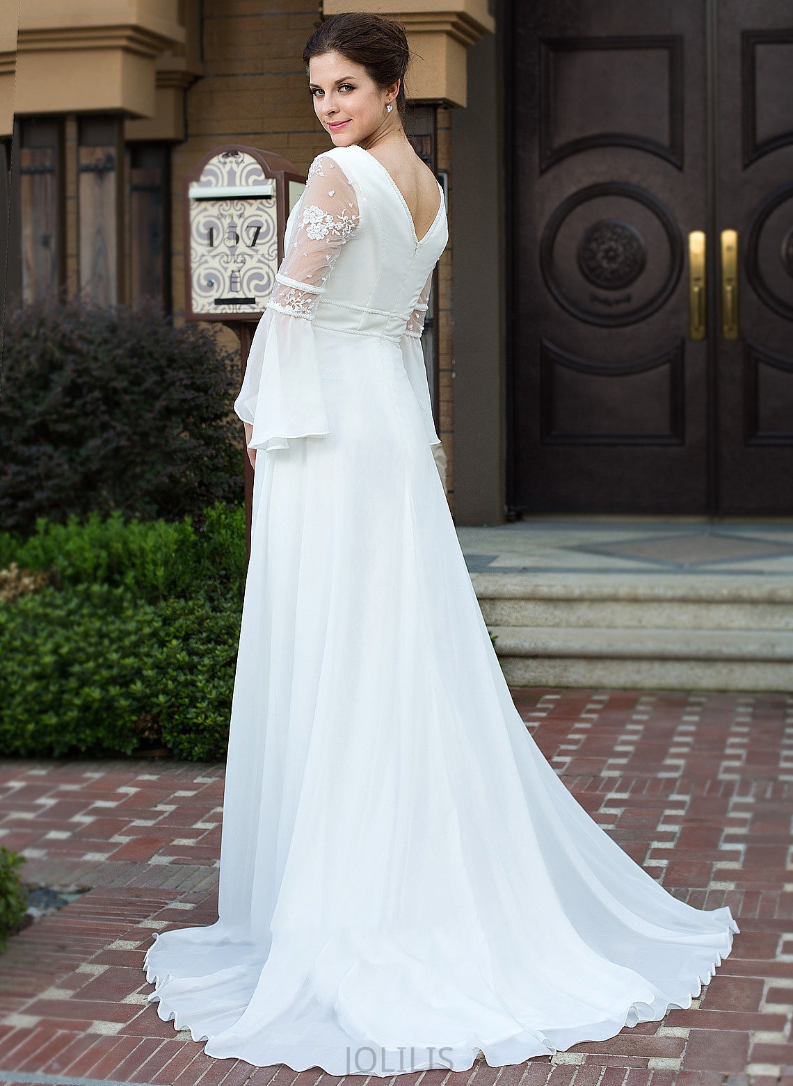 Beading Kailee Court Chiffon Wedding Wedding Dresses A-Line Lace V-neck With Dress Train