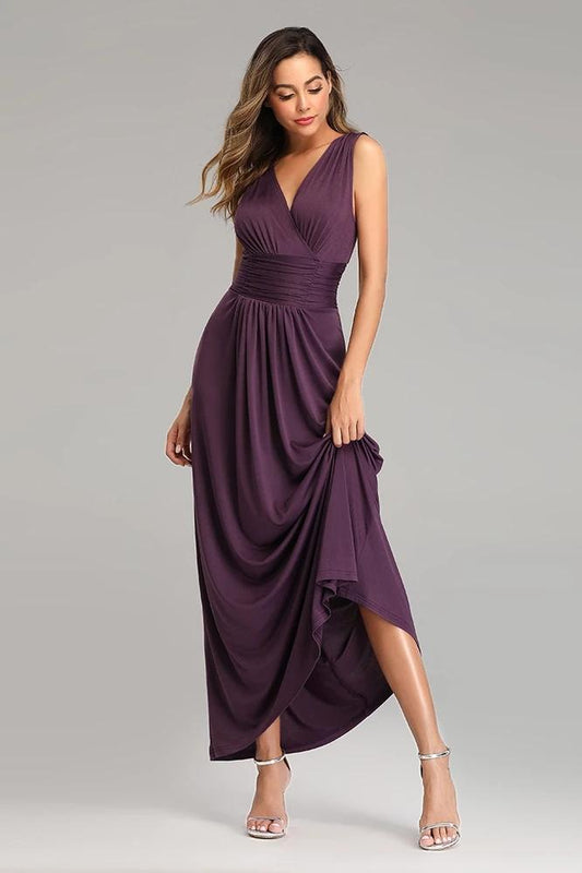 Simple Deep Purple V Neck Straps Prom Dresses Cheap V Back Bridesmaid Dresses XU90803