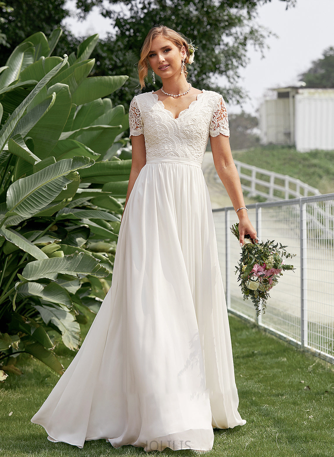 Lace Wedding Dress Saige A-Line V-neck Chiffon Floor-Length Wedding Dresses