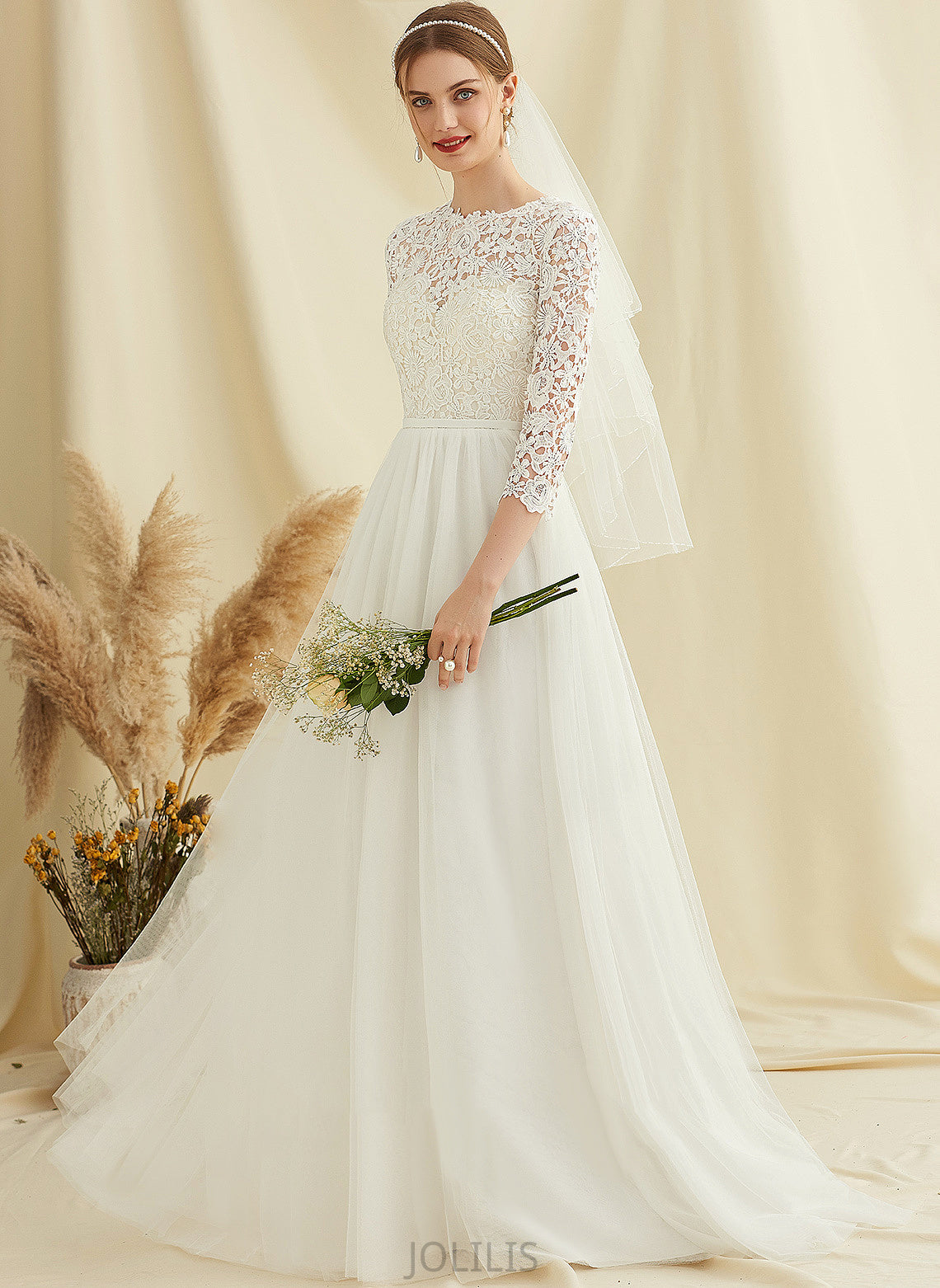 A-Line Wedding Dress Train Sweep Tulle Wedding Dresses Peggie Lace