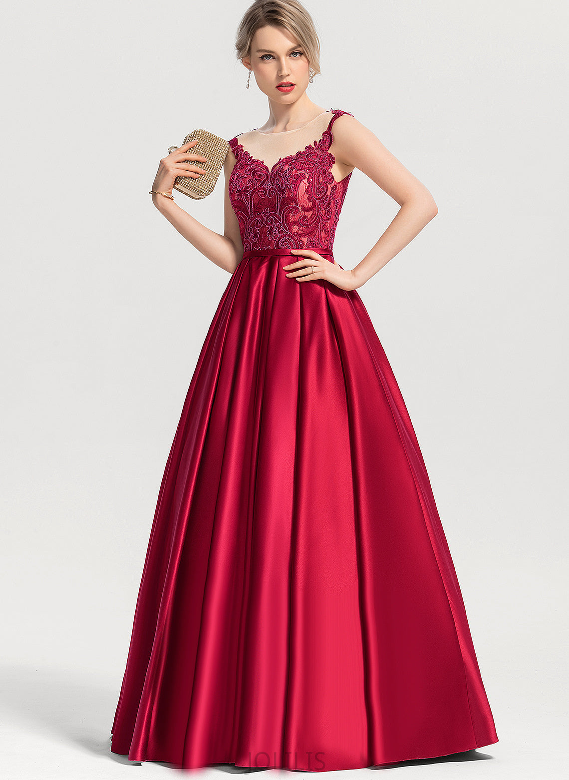 Sequins Ball-Gown/Princess Floor-Length Scoop Prom Dresses Anika Satin With Lace