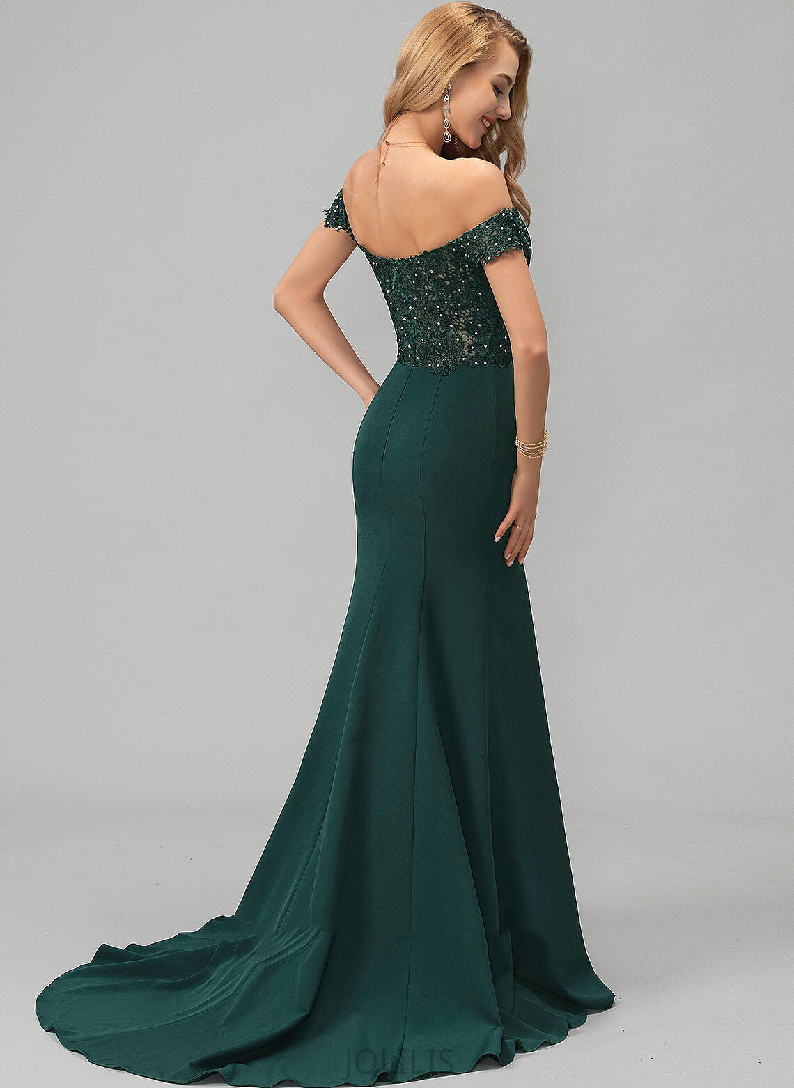 Crepe Beading Prom Dresses Lace Ireland Off-the-Shoulder Stretch Sweep Train Sequins With Trumpet/Mermaid