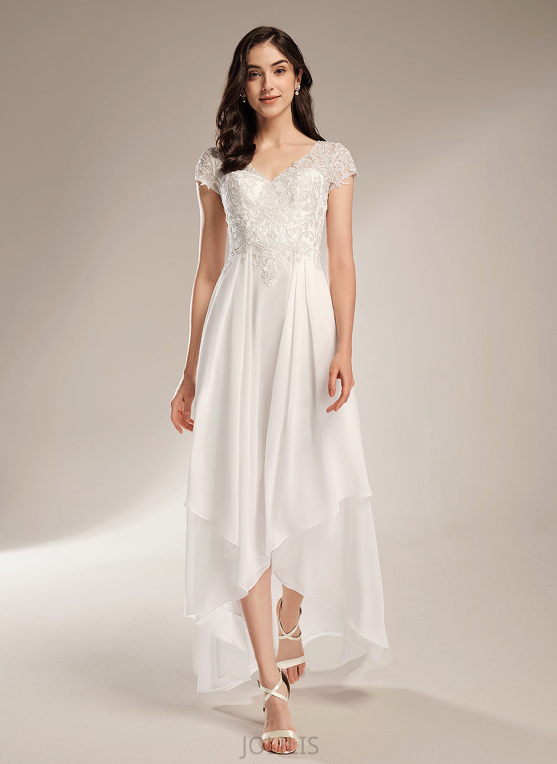 Chiffon Dress Lace Asymmetrical Wedding Dresses V-neck Lillianna Wedding A-Line