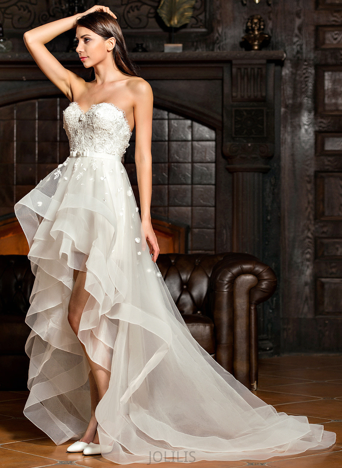 A-Line Beading Asymmetrical Tulle Sweetheart With Wedding Lola Wedding Dresses Dress Bow(s)