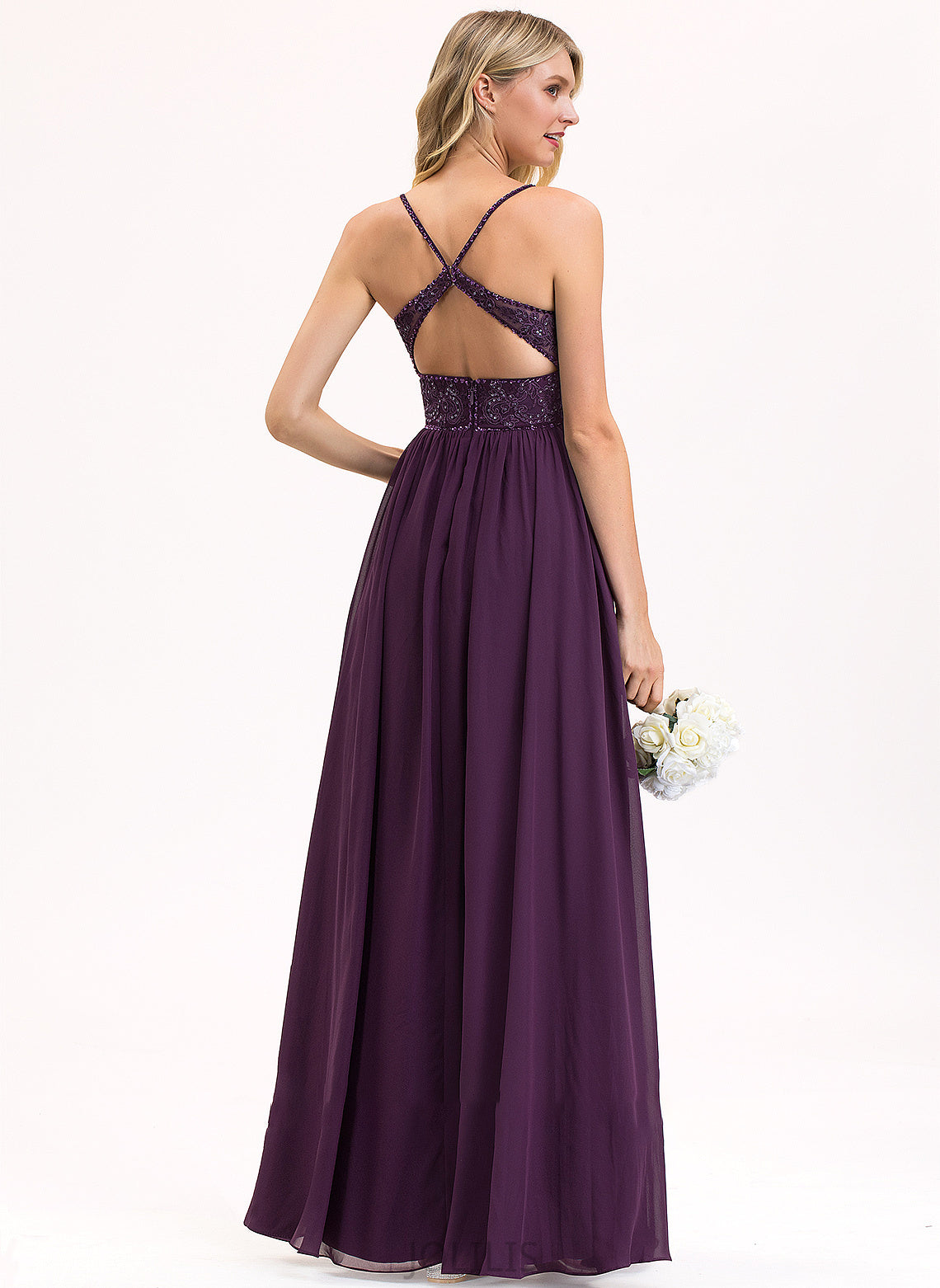 Chiffon Sequins Floor-Length V-neck Violet With Prom Dresses Lace A-Line Beading