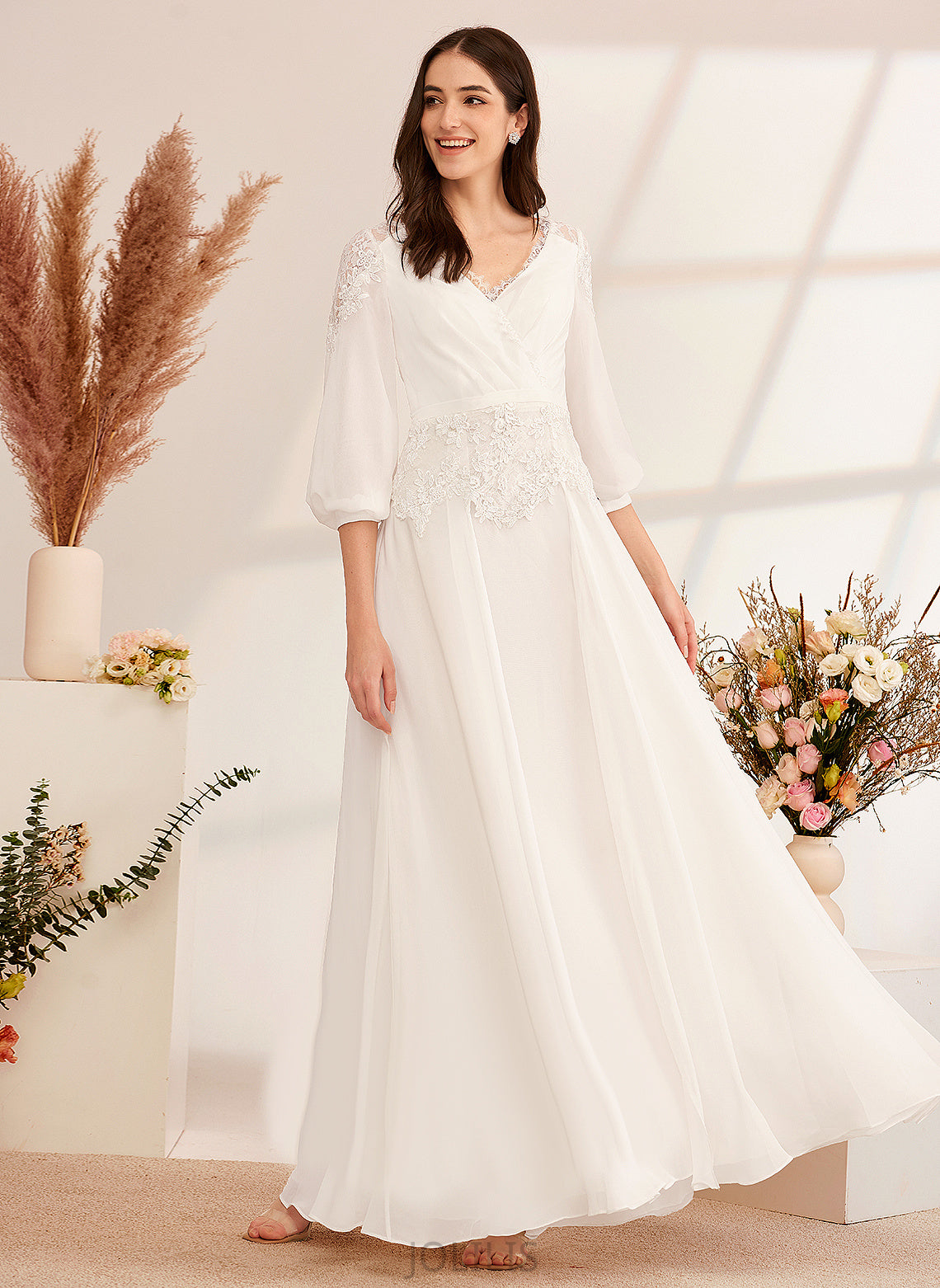 A-Line V-neck Lace Wedding Dresses Chiffon Dress Sadie Floor-Length Wedding With