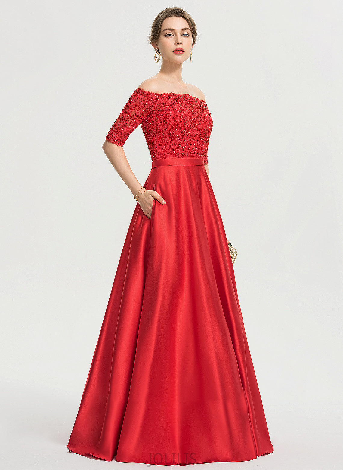 Pockets Floor-Length Satin Sweetheart Beading With Ashly Ball-Gown/Princess Sequins Prom Dresses