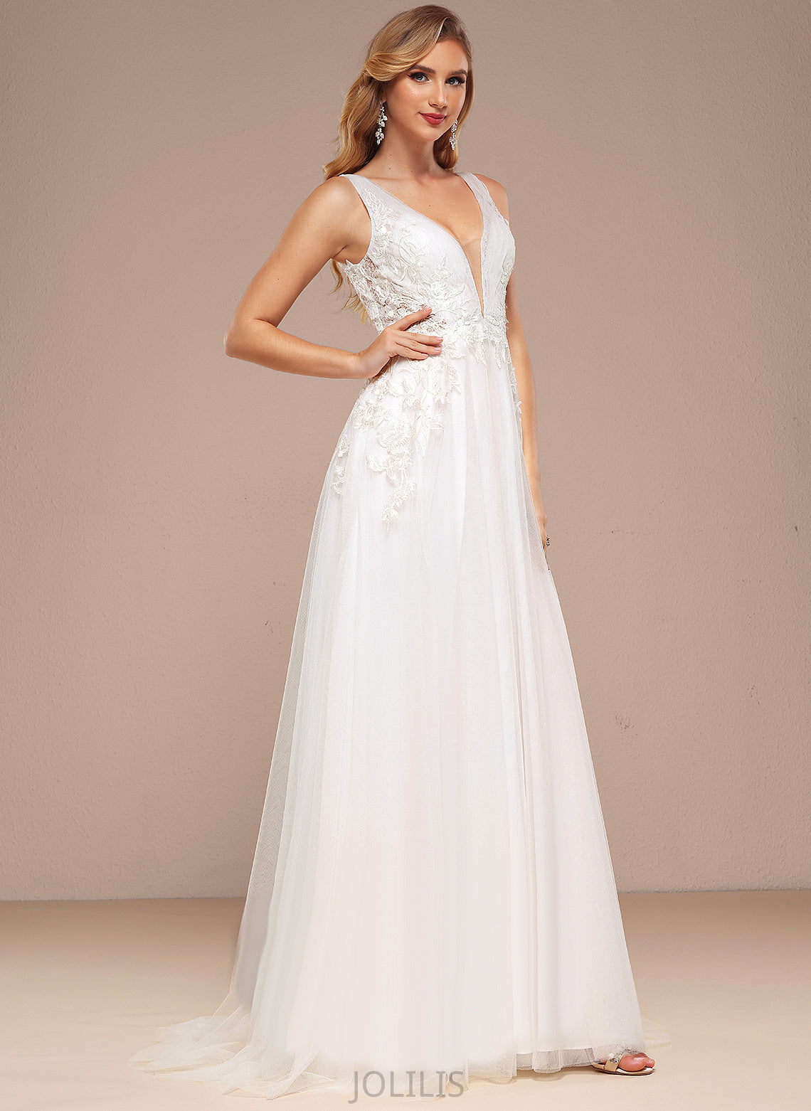 Wedding Dresses Kailey Sweep Wedding Dress With Train A-Line V-neck Tulle Lace Sequins