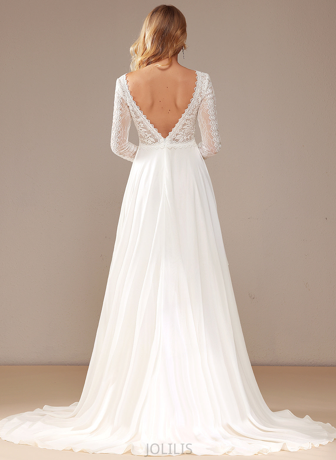 With Dress Court Ruffle Wedding Train Wedding Dresses Lace A-Line V-neck Chiffon Maci Lace