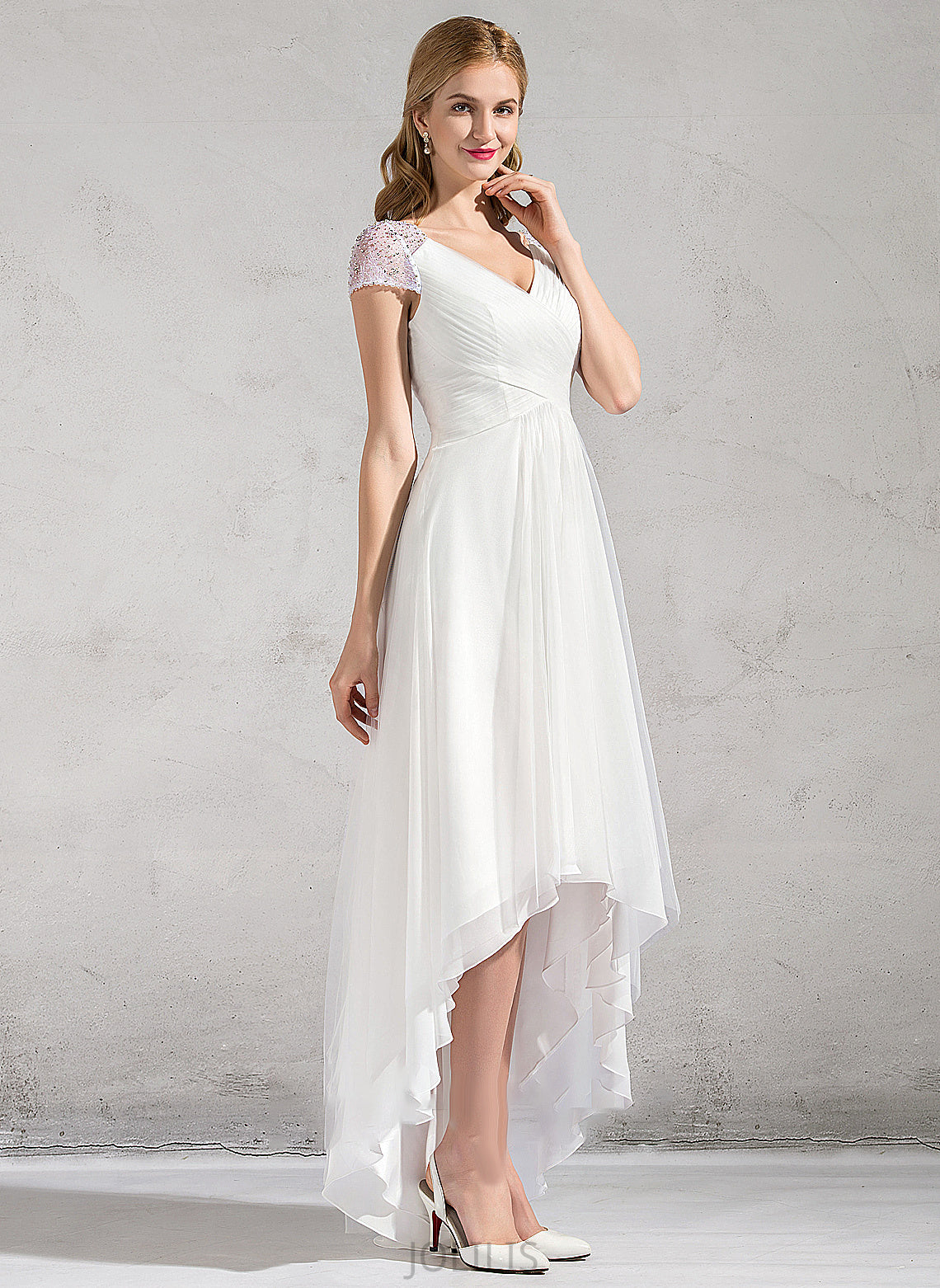 A-Line V-neck Asymmetrical Tulle Lacey Dress Ruffle Sequins Beading Wedding Dresses With Wedding