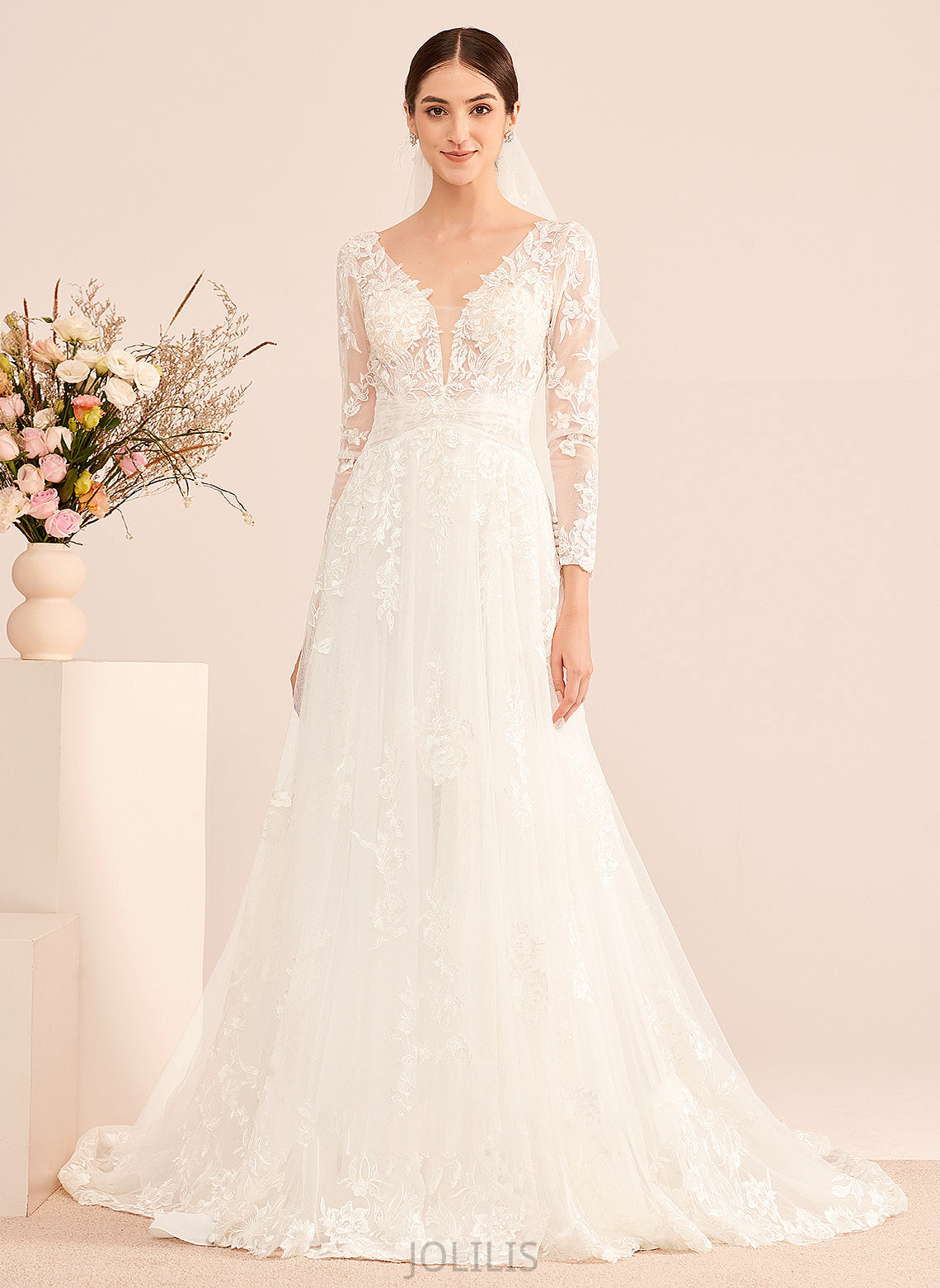 Dress Sequins Court Train Wedding Wedding Dresses Melinda Beading V-neck With A-Line