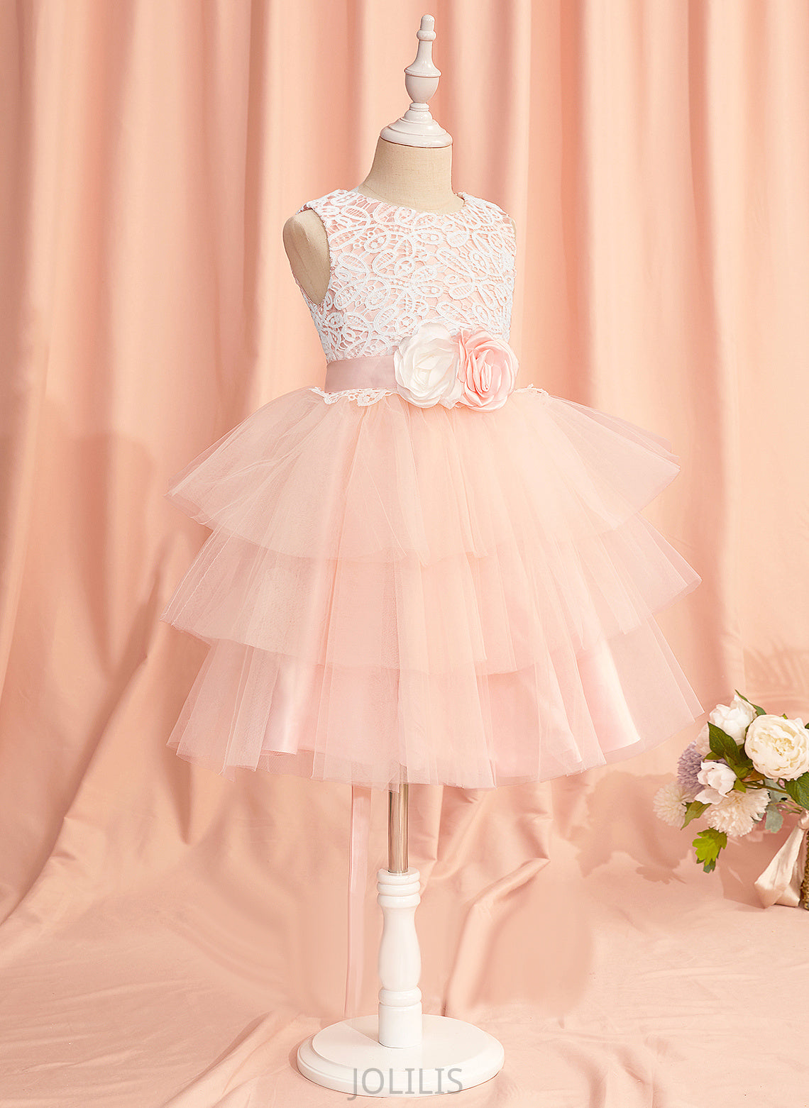 '- Scoop Satin/Tulle Lace/Flower(s)/Back With Dress Girl Flower Hole Undine Flower Girl Dresses Knee-length Sleeveless Ball-Gown/Princess Neck