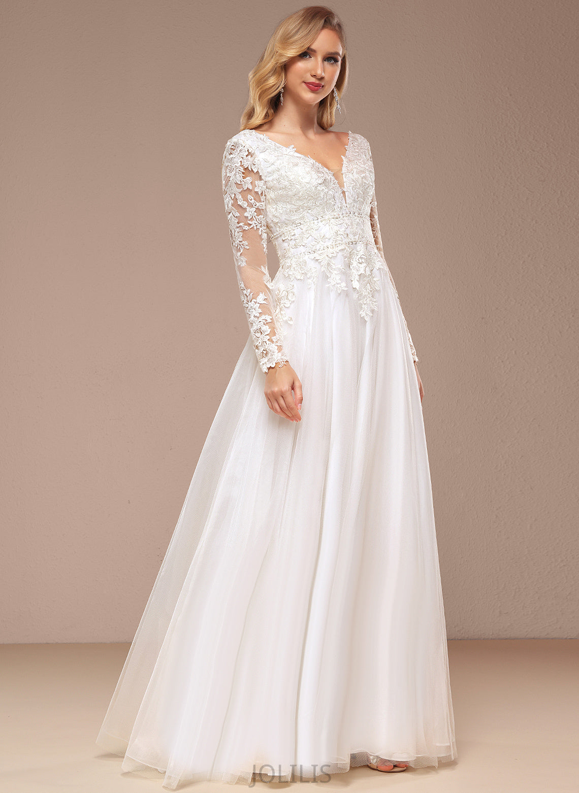 Wedding Dresses A-Line Wedding Lace Beading Dress With V-neck Abril Floor-Length Tulle Sequins